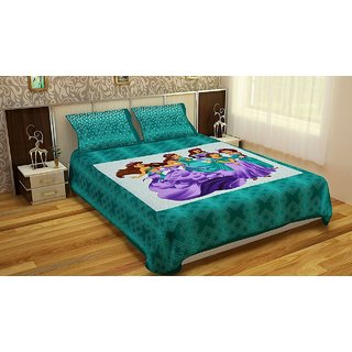                       ESTIILO Green Barbie Doll Sanganeri Print Cotton Double Bedsheet with 2 Pillow Covers                                              