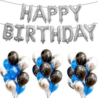                       BAXO Happy Birthday FoilSilver Metallic Balloons Blue, Black and Silver Balloon  (Silver, Black, Blue, Pack of 31)                                              