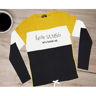                       Women's Yellow Color Block Round Neck Full Sleeves T-Shirts By Ww Won Now                                              