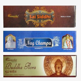 Aromatika Masala Incense Sticks (Agarbatti) Combo Pack of 3 - Nag Champa, Sai Siddhi and Buddha Flora