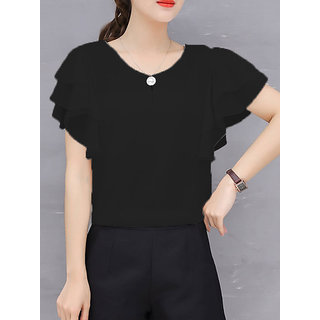                       Vivient Women Black Ruffle Sleeve Neck Button Top                                              