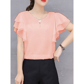                       Vivient Women Peach Ruffle Sleeve Neck Button Top                                              