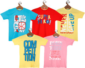 Boys Printed Pure Cotton T Shirt  (Multicolor, Pack of 5) yellow,yellow,pink,red,blue