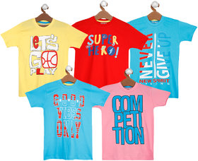 Boys Printed Pure Cotton T Shirt  (Multicolor, Pack of 5) yellow,pink,red,blue,blue