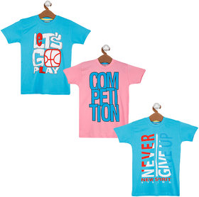 Boys Printed Pure Cotton T Shirt  (Multicolor, Pack of 3) blue,blue,pink