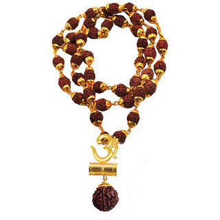                       M Men Style Religious Jewellery Lord Shiv Yoga Om Damaru Locket  Gold Plated Caps Rudraksha Mala   Pendant                                              