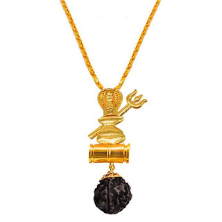                       M Men Style Religious Jewellery Lord Shiv Trishul Mahadev Mahakal Damaru Locket  Gold Plated Caps Rudraksha  Pendant                                              