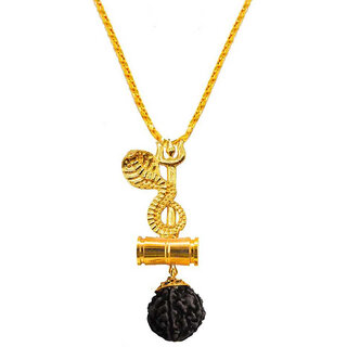                       M Men Style Religious Jewellery Lord Shiv Shesh Nag Kalsapra Damaru Locket Gold Plated Caps Rudraksha Mala     Pendant                                              