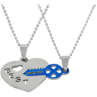                       M Men Style Couple Best Friend Engraved Heart Key Locket  Chain  Silver  Blue  Stainless Steel Heart Pendant                                              