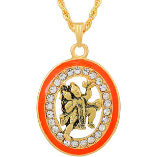                       MissMister Gold mixed Brass Gerua Meenakari White CZ BajrangBali Hanuman Pendant Hindu Temple Jewellery (MM7726PCKL)                                              