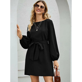                       Code Yellow Women Elegant Black Elastic Sleeve Crepe Short Dress                                              