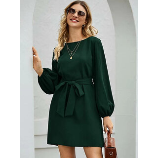                       Code Yellow Women Elegant Dark Green Elastic Sleeve Crepe Short Dress                                              