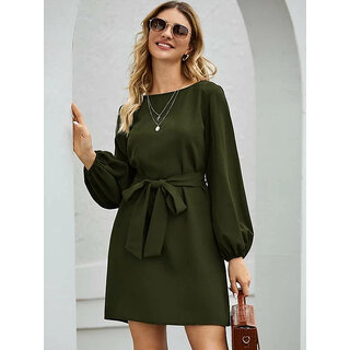                       Code Yellow Women Elegant Mint Green Elastic Sleeve Crepe Short Dress                                              