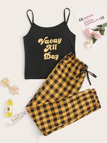 Elizy Women Black VAD Print Tee And Black Check Box Lower