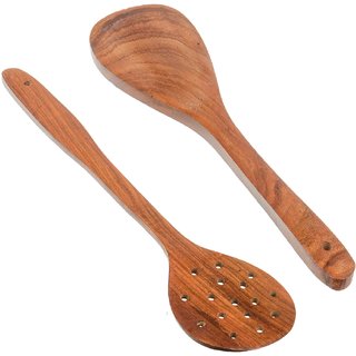 Handcrafted Wooden Rice Spoon   Slotted Turner Round Dark Brown pack of 2