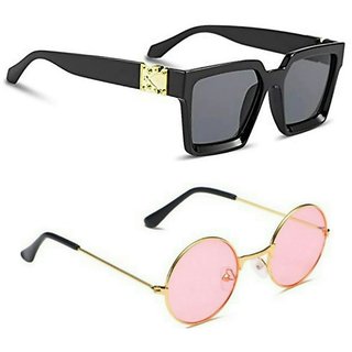 SunTap Unisex Rectangular-Round Frame Sunglasses Combo Of 2 (Black, Pink)
