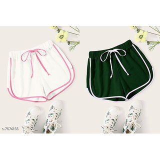                       Elizy Women White And Sea Green Shorts Combo                                              