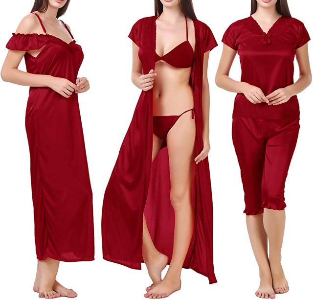 Buy women's 6pc Sleepwear set Bra Panty Top Capri Nighty Overcoat 605  Maroon Night dress new bed fun Daily Lounge wear Online @ ₹2190 from  ShopClues