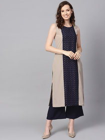 Ziyaa Women's Beige Color Foil Print Straight Crepe Kurta