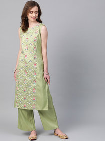 Ziyaa Women's Green Colour Khadi Print Straight Polysilk Kurta
