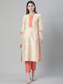 Ziyaa Women's Cream Color Foil Print Straight Kurta
