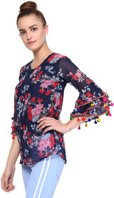 Navy Floral Printed Bell Seelve Women Top