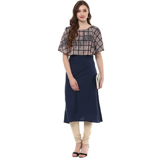 Ziyaa Women's Blue Colour Digital Checkered Print Cape With Blue Solid Aline Crepe Party Wear Kurta
