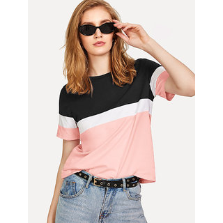                       Vivient Women Pink ,White Colorblock T-Shirt                                              