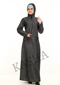 La Kasha Women Denim hooded zipper front scrunched pocket Abaya
