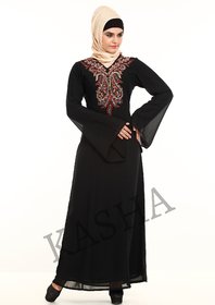 La Kasha Women Poly Georgette bell sleeves embroidered Abaya