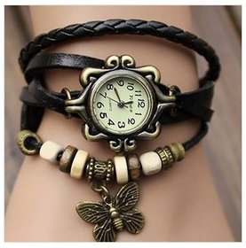 AXTON Leather Black Strap Round Dial Vintage Fancy Bracelet Watch For Girls Women and Ladies