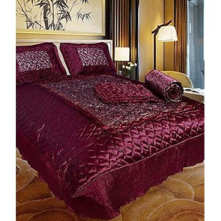 ALOKIT@CREATION Satin Double Bed Bedding 1 Bedsheet, 2 Pillow Cover, 1 AC Comforter, King Size, Maroon - Set of 4 Pieces