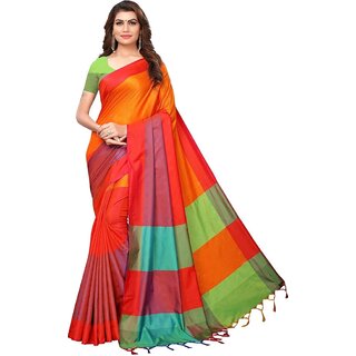                       SVB Saree Orange Chanderi Saree With Tassels                                              