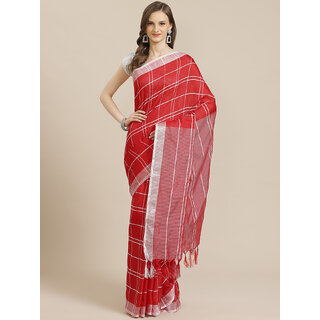                       SVB Saree Red Cotton Silk Saree With Tassels                                              