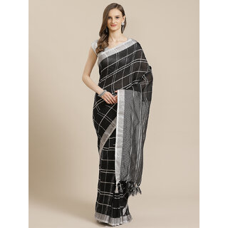                       SVB Saree  Black Cotton Silk Saree With Tassels                                              