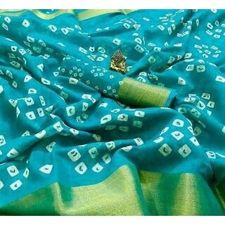                       SVB Saree Teal Colour Linen Bandhani Printed Saree                                              