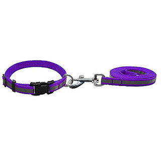                       Dog Wala Reflective Tape Nylon Collar with Leash Set for Puppies and Dogs (20mm, Purple)                                              