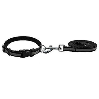                       Dog Wala Reflective Tape Nylon Collar with Leash Set for Puppies and Dogs (15mm, Black)                                              