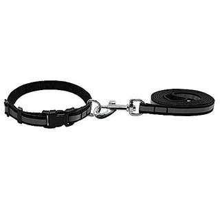                       Dog Wala Reflective Tape Nylon Collar with Leash Set for Puppies and Dogs (20mm, Black)                                              