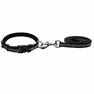                       Dog Wala Reflective Tape Nylon Collar with Leash Set for Puppies and Dogs (10mm, Black)                                              