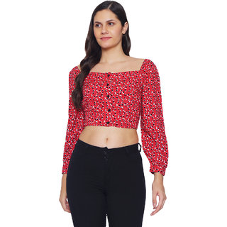                       9 Impression Womens Maroon  Black Printed Square Neck Full Sleeves Crop Tops                                              