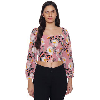                       9 Impression Womens Pink  Black Floral Print Square Neck Full Sleeves Crop Tops                                              