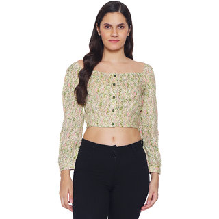                       9 Impression Womens Pink  Green Leaf Print Square Neck Full Sleeves Crop Tops                                              
