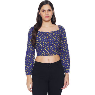                       9 Impression Womens Navy  Yellow Printed Square Neck Full Sleeves Crop Tops                                              