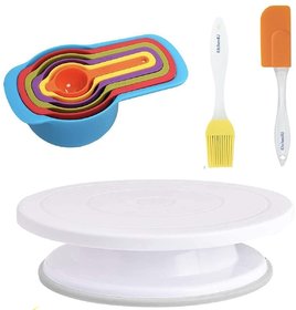 Kitchen4U - Cake Turntable,6Pcs Color Measuring Cups and Spoons Sets, Silicone Spatula and Pastry Brush