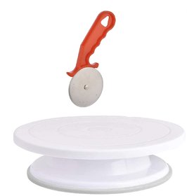 Kitchen4U - Combo of Cake Turntable Stand and Pizza Cutter (Multicolour, Standard Size)
