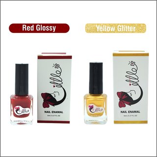LITTLE Nail Polish - Luxurious Collection of Red Glossy and Yellow Glitter Nail Polish pack of 2 ,16 ml ,8 ml each