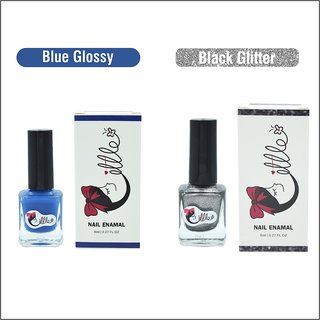                       LITTLE Nail Polish - Luxurious Collection of Blue Glossy and Black Glitter  Nail Polish pack of 2 ,16 ml ,8 ml each                                              
