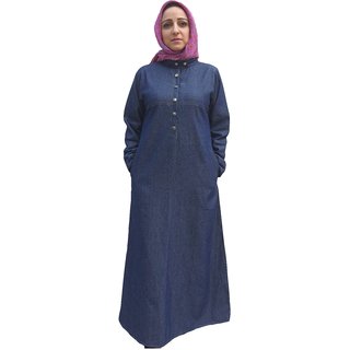                       La Kasha Women Denim Blue-Black buttoned mandarin collar Abaya                                              