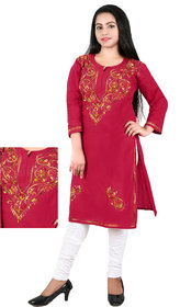 Shree Maa Boutique Women Pure Cotton Lucknow Chikan Embroidery Straight Kurti(Red)
